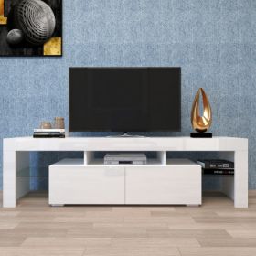 Modern White TV Stand; 20 Colors LED TV Stand w/Remote Control Lights