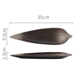 Long Tree Leaf Shaped Ceramic Plate Sushi Creativity (Option: Long Leaf Disc Black Rhyme)