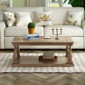 Rustic Floor Shelf Coffee Table with Storage; Solid Pine Wood (Color: Walnut)