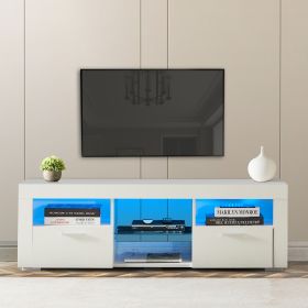 modern TV Stand with LED Lights, high glossy front TV Cabinet, can be assembled in Lounge Room, Living Room or Bedroom (Color: White, main material: Particle Board)